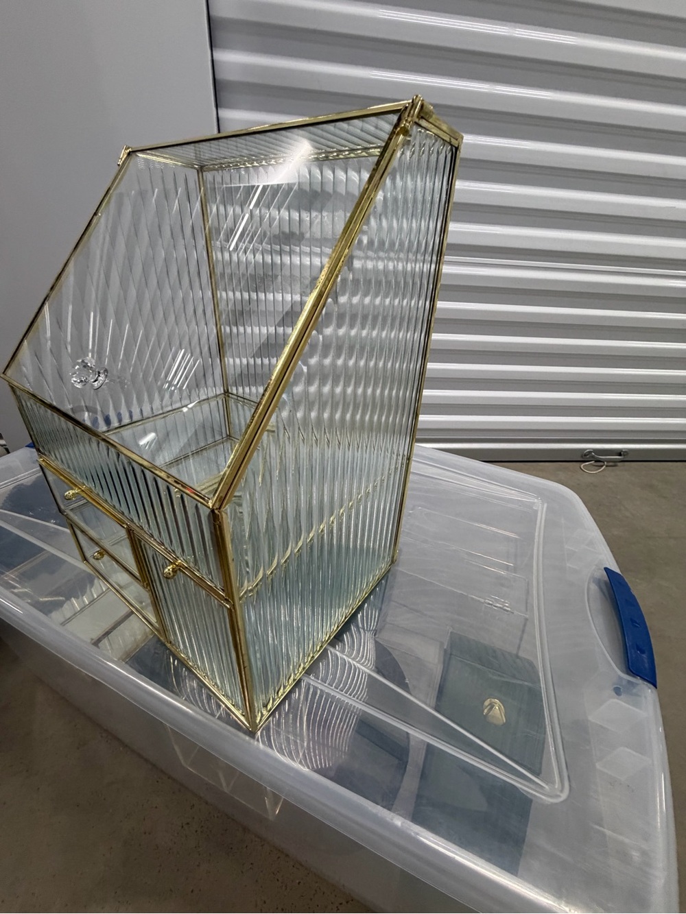 Glass & Brass Jewelry Display Case with Drawers and beauty storage accessories